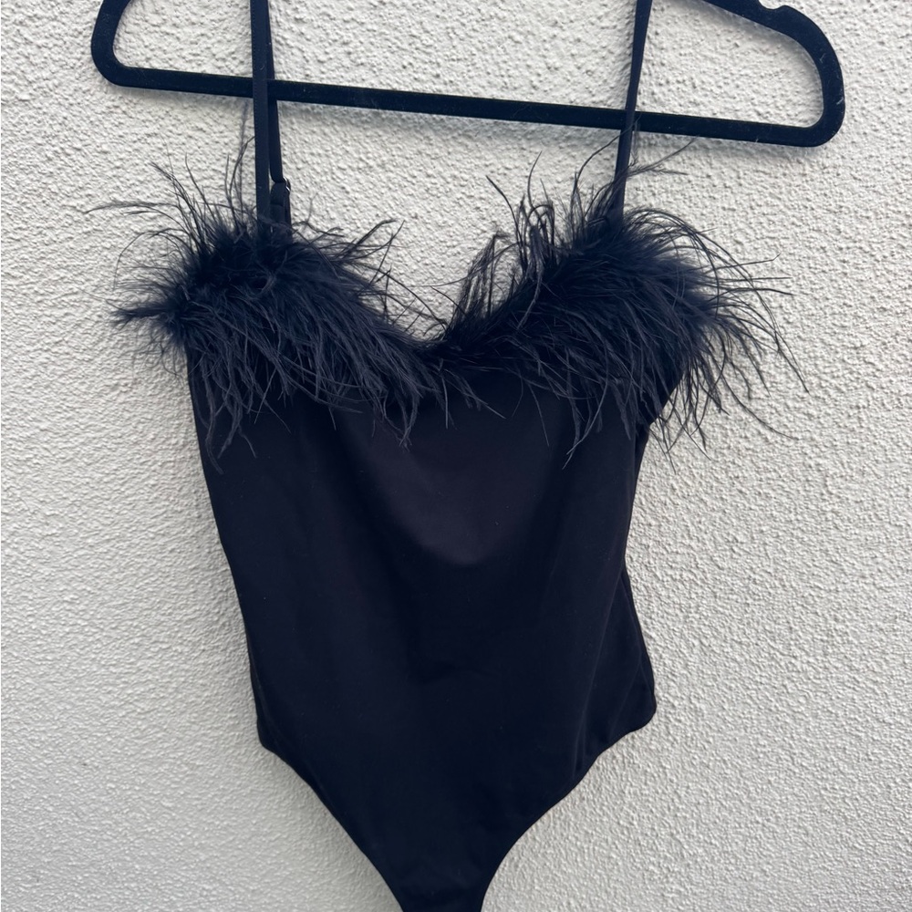 Lulu's Elegant Black Feather Bodysuit